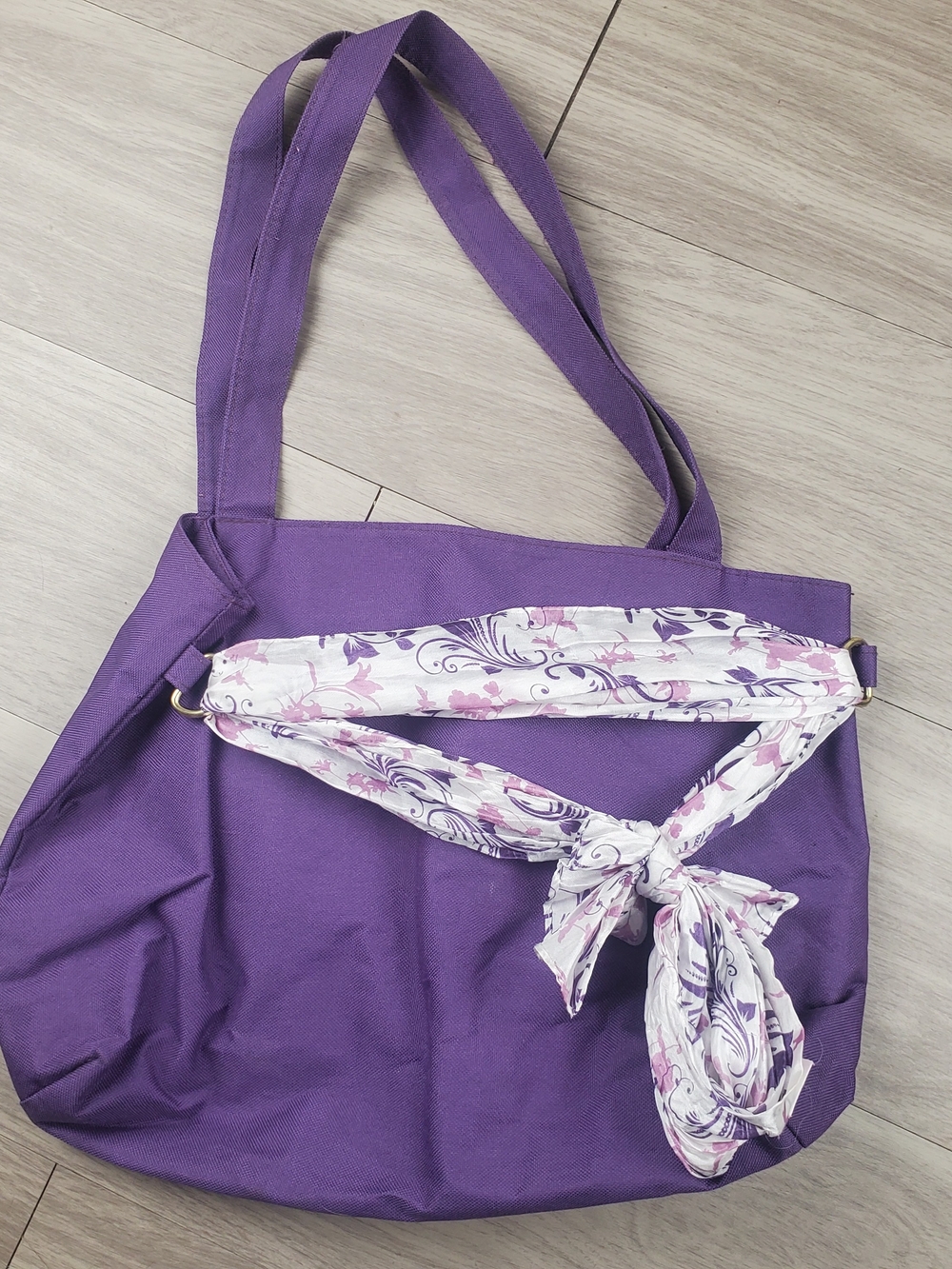 Purple Canvas Tote Bag Floral Scarf Accent Shoulder Bag Large Everyday Purse - Picture 1 of 8